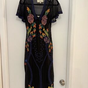 Cleobella x Rocky Barnes Black Dress with Colorful Floral Embroidery